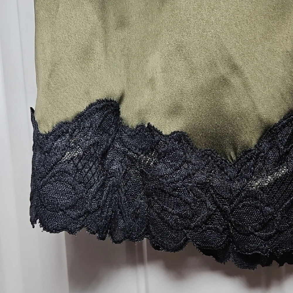 Auden Moss Green Satin Slip with Black Lace Detail